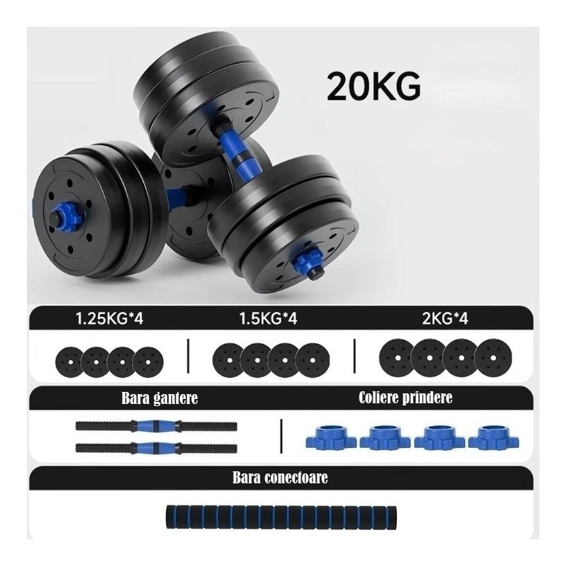 Set gantere reglabile FitTronic 20 kg, BG20, 2 gantere de 10 kg si bara de conectare inclusa, sigurante cu filet