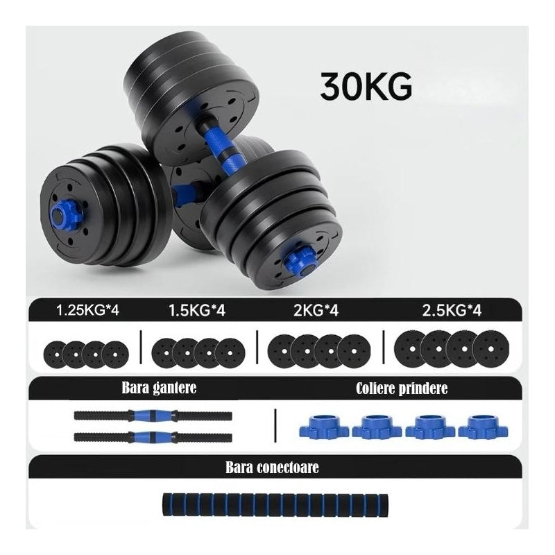 Set gantere reglabile FitTronic 30 kg, BG30, 2 gantere de 15 kg si bara de conectare inclusa, sigurante cu filet