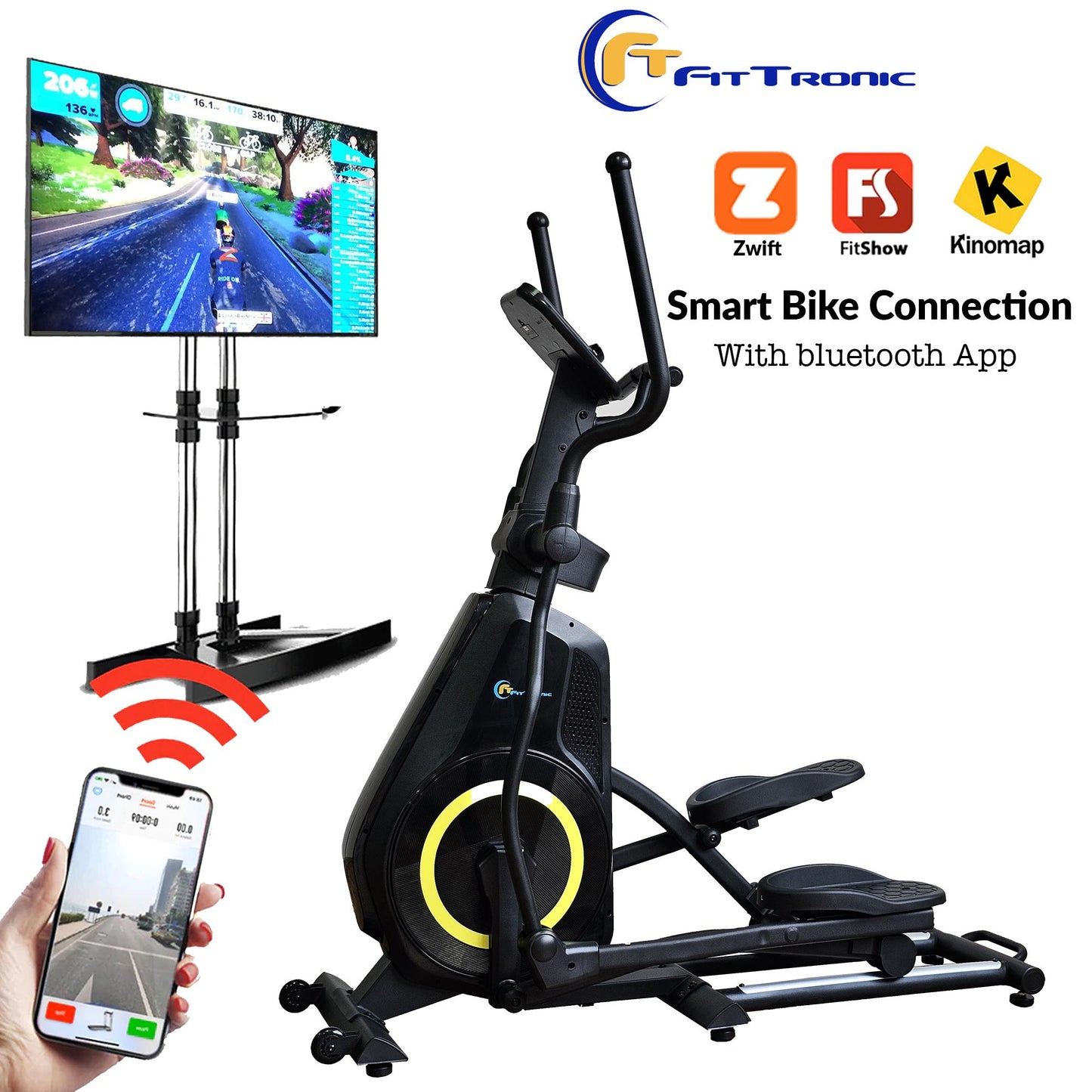 Bicicleta eliptica FitTronic 609ET, Apps Zwift, Kinomap,
