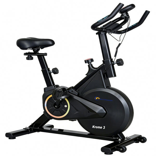 Bicicleta indoor-cycling FitTronic Krome 3, afisaj electronic, volanta 8 kg, design modern si robust
