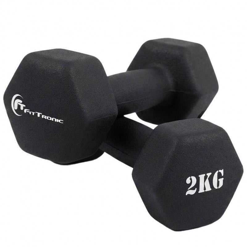 Set gantere hexagonale cauciucate FitTronic D1, 2 x 2 kg, fitness, aerobic, pilates, prindere confortabila, culoare neagra