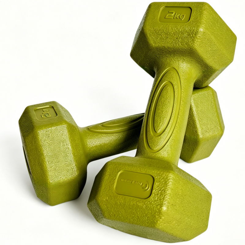 Set gantere hexagonale FitTronic DH2x2, 2 x 2 kg, fitness, aerobic, pilates, prindere confortabila, culoare vernil