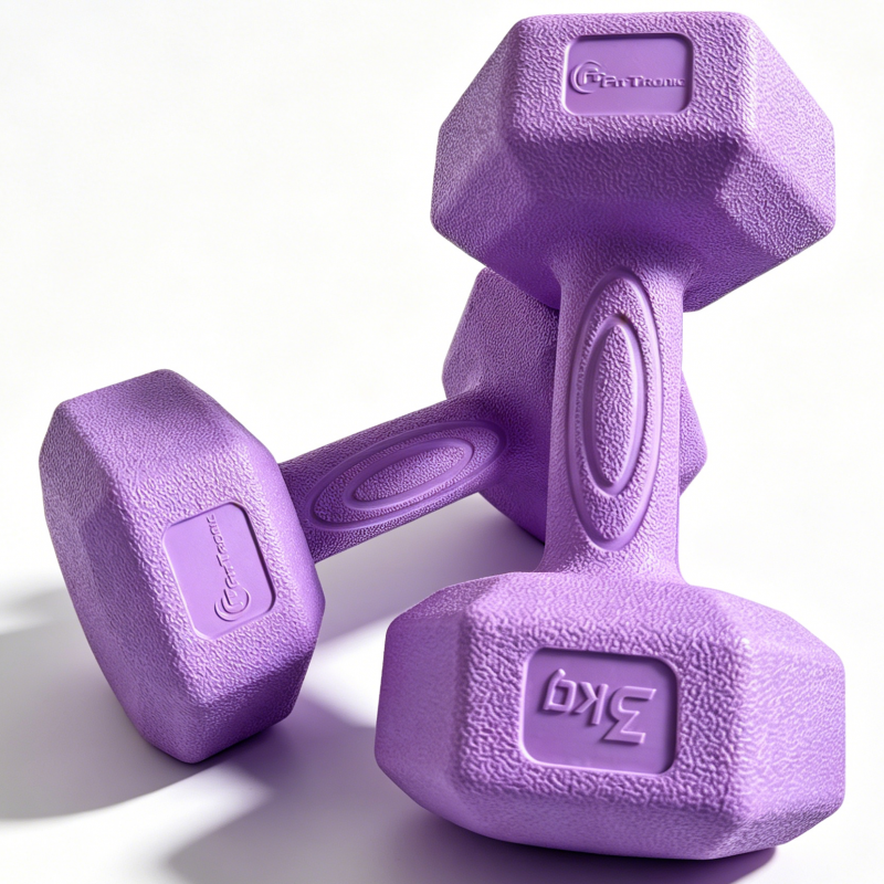 Set gantere hexagonale FitTronic DH2x3, 2 x 3 kg, fitness, aerobic, pilates, prindere confortabila, culoare mov