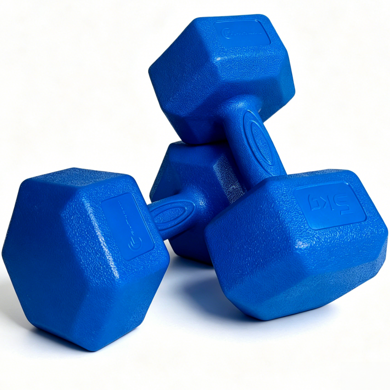 Set gantere hexagonale FitTronic DH2x5, 2 x 5 kg, fitness, aerobic, pilates, prindere confortabila, culoare albastru