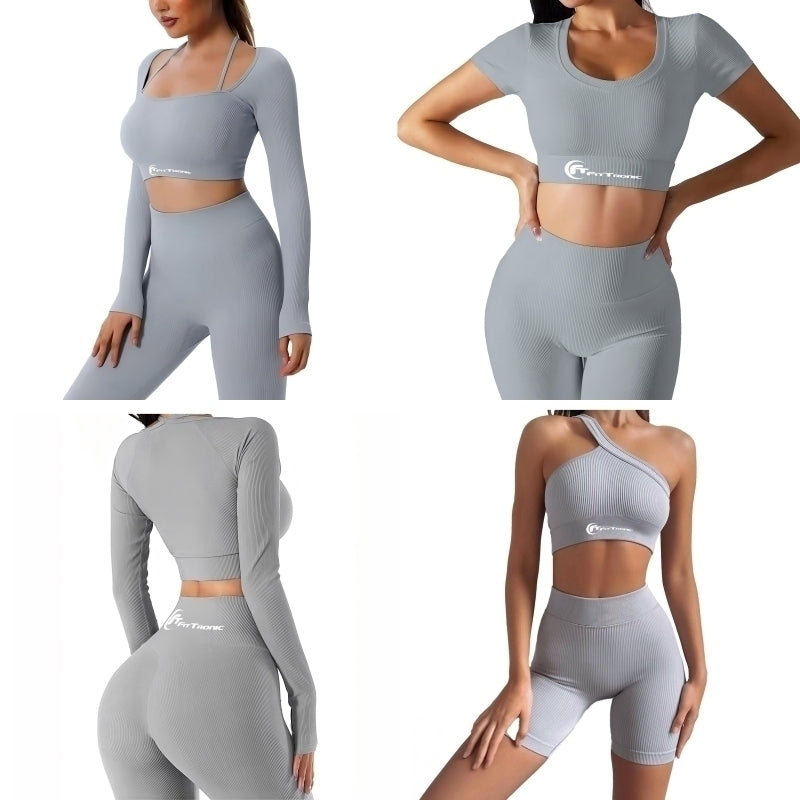 Set costum fitness FitTronic Y400 gray, 6 piese, Pantalon scurt