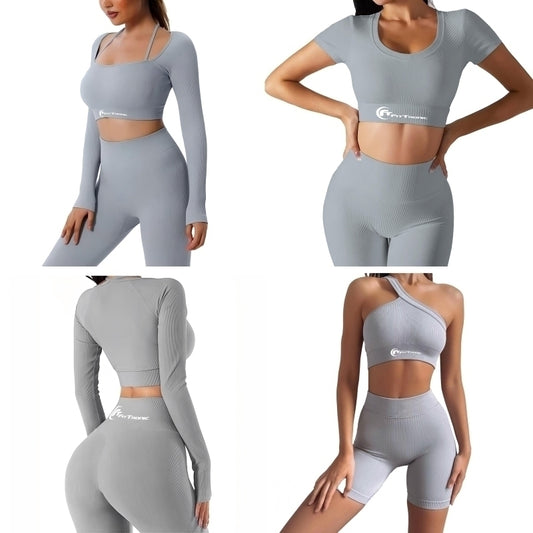 Set costum fitness FitTronic Y400 gray, 6 piese, Pantalon scurt