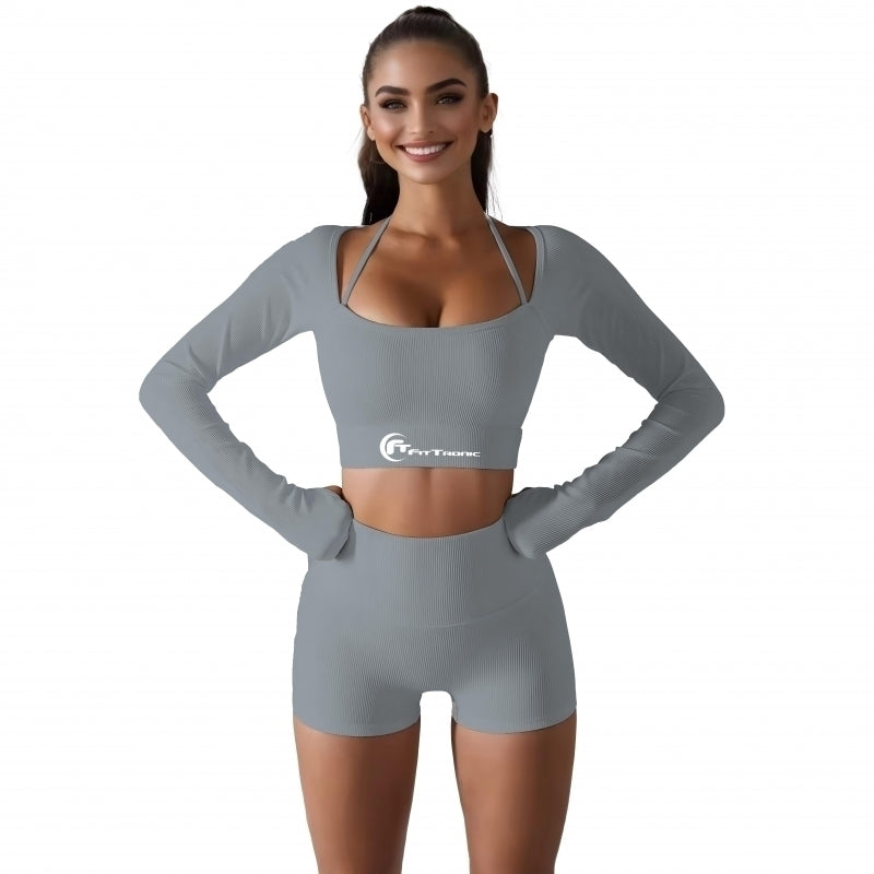 Set costum fitness FitTronic Y400 gray, 6 piese, Pantalon scurt