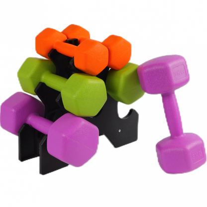 Set de 6 gantere 12 kg total, 2x1kg, 2x2kg, 2x3kg cu suport